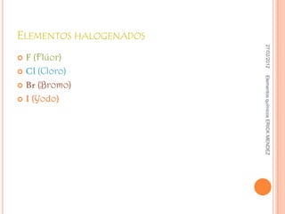 ELEMENTOS HALOGENADOS




                         27/02/2012
 F (Flúor)
 Cl (Cloro)




                        Elementos químicos ERICK MENDEZ
 Br (Bromo)

 I (Yodo)
 