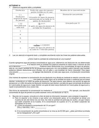 14
ACTIVIDAD 14
1. Observa la siguiente tabla y complétala.
2. Lee con atención el siguiente texto y complétalo escribiendo sobre las líneas las palabras adecuadas.
¿Cómo medir la cantidad de contaminante en una muestra?
Cuando agregamos agua de jamaica concentrada en agua pura, obtenemos una disolución de una determinada
___________________. A la relación entre la cantidad de sustancia presente en cierta masa o volumen de otra
se le denomina ____________________. Podemos tener disoluciones muy concentradas de agua de jamaica,
esto es, con mayor cantidad de flor de jamaica que agua pura, con una tonalidad y sabor intensos, pero también
podemos obtener disoluciones poco diluidas, con un sabor y una tonalidad de menor intensidad. Para lograr
una solución _______________ se agrega más disolvente, en este caso agua pura, a la disolución concentrada
original.
Una manera de expresar la concentración de una disolución muy diluida es mediante la relación conocida como
__________________________. Una parte por millón (ppm) es la cantidad de soluto o sustancia que se quiere
disolver, contenida en un millón de partes de disolución. De esta manera, para obtener una porción de agua de
jamaica por un millón de partes de disolución tendremos que disolver una gota de agua concentrada de jamaica
en nueve gotas de agua pura, luego disolver una gota de esta nueva disolución en nueve gotas de agua pura y
repetir el procedimiento cinco veces más.
Otra forma de representar la concentración es mediante el __________________. Por ejemplo, una disolución
concentrada de agua de jamaica se puede expresar como una disolución al 100 %.
3. Reunido con tu equipo, consulta en tu libro de texto la información necesaria para contestar lo siguiente:
A. Para no exponer a los mineros a que sufran una intoxicación grave, en la actualidad se extrae una
muestra de aire del interior de una mina. Se mide la cantidad de partículas de azufre y de gas metano
que están presentes en la muestra. Si la concentración es superior al 5 %, se deben suspender las
actividades en la mina.
a) ¿Cómo se expresa la concentración de 5 % en ppm?
(5%) (1 000 000) / 100 = ____________
b) Si la concentración de azufre encontrada en la mina es de 50 005 ppm, ¿debe permitirse la entrada
de los trabajadores? ¿Por qué?
________________________________________________________________________________
________________________________________________________________________________
 