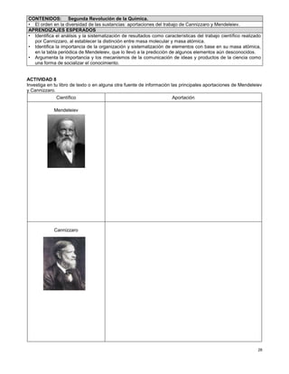 28
ACTIVIDAD 8
Investiga en tu libro de texto o en alguna otra fuente de información las principales aportaciones de Mendeleiev
y Cannizzaro.
Científico Aportación
Mendeleiev
Cannizzaro
CONTENIDOS: Segunda Revolución de la Química.
• El orden en la diversidad de las sustancias: aportaciones del trabajo de Cannizzaro y Mendeleiev.
APRENDIZAJES ESPERADOS
• Identifica el análisis y la sistematización de resultados como características del trabajo científico realizado
por Cannizzaro, al establecer la distinción entre masa molecular y masa atómica.
• Identifica la importancia de la organización y sistematización de elementos con base en su masa atómica,
en la tabla periódica de Mendeleiev, que lo llevó a la predicción de algunos elementos aún desconocidos.
• Argumenta la importancia y los mecanismos de la comunicación de ideas y productos de la ciencia como
una forma de socializar el conocimiento.
 