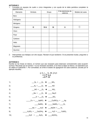 40
ACTIVIDAD 3
1. Formados en equipos de cuatro o cinco integrantes y con ayuda de la tabla periódica completen la
siguiente tabla:
2. Intercambien sus trabajos con otro equipo. Revisen el que recibieron. Si se presentan dudas, pregunten a
su profesor(a).
ACTIVIDAD 4
Escribe en las líneas en blanco, el número que sea necesario para balancear correctamente cada ecuación
química. Recuerda que el número 1 no es necesario escribirlo, si la línea la dejas en blanco, se entenderá que
se refiere al coeficiente 1. Por comodidad, se omite el estado de agregación de cada sustancia. (Guíate por el
ejemplo resuelto)
2 H2 +__ O2  2 H2O
4 2 H 2 4
2 O 1 2
1) ___N2 + ___H2  ____NH3
2) ____N2 + ____O2  ____ NO
3) ___NO + ___O2  ____ NO2
4) __Na + ___O2  ____ Na2O
5) ____S + ___O2  _____SO2
6) _____Cu + ____AgNO3  ____Cu(NO3)2 + ___Ag
7) ____NaNO3  _____NaNO2 + ____O2
8) ____Na + ___H2O  ___NaOH + ___ H2
9) _____H2SO4 + ___Ca(OH)2  ____ H2O + ____ CaSO4
10) ____H2O + ___ Al2O3  ____Al(OH)3
Elemento Símbolo Grupo
# de electrones de
valencia
Modelo de Lewis
Boro
Hidrógeno
Nitrógeno
Oxígeno O VI A 16 6
Cloro
Flúor
Carbono
Helio
Magnesio
Aluminio
 