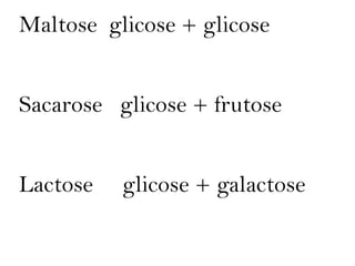 Maltose glicose + glicose


Sacarose glicose + frutose


Lactose   glicose + galactose
 