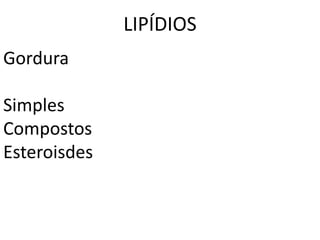 LIPÍDIOS
Gordura

Simples
Compostos
Esteroisdes
 