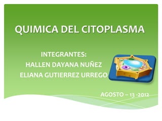 QUIMICA DEL CITOPLASMA

      INTEGRANTES:
  HALLEN DAYANA NUÑEZ
ELIANA GUTIERREZ URREGO

                     AGOSTO – 13 -2012
 