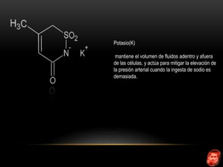 Potasio(K) 
mantiene el volumen de fluidos adentro y afuera 
de las células, y actúa para mitigar la elevación de 
la presión arterial cuando la ingesta de sodio es 
demasiada. 
 