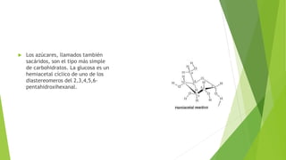  Los azúcares, llamados también
sacáridos, son el tipo más simple
de carbohidratos. La glucosa es un
hemiacetal cíclico de uno de los
diastereomeros del 2,3,4,5,6-
pentahidroxihexanal.
 