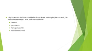  Según la naturaleza de los monosacáridos a que dan origen por hidrólisis, en
ocasiones se designa a los polisacáridos como
 hexosas,
 pentosanas,
 homopolisacáridos
 heteropolisacáridos.
 
