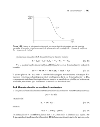 Ahora puede recalcularse la K de equilibrio de la siguiente manera:
K 5 fD/(1 2 fD) 5 fD/fN 5 (YN 2 Y) / (Y 2 YD) [Ec. 21]
Y si se asocia al cambio de energía libre del Gibbs del proceso de desnaturalización mediante la
ecuación:
DG 5 2RT lnK 5 2RT ln [(YN 2 Y)/(Y 2 YD)] [Ec. 22]
es posible graficar 2RT lnK contra la concentración del agente desnaturalizante en la región de la
transición conformacional dando por resultado una línea recta. La KD de desnaturalización y la DGD
en agua pura se calcula del intercepto al origen, es decir, se calcula la energía libre de la desnatura-
lización en presencia de agua o del buffer, en ausencia del desnaturalizante.
3.6.2 Desnaturalización por cambios de temperatura
El caso particular de la desnaturalización térmica se analiza a continuación; partiendo de la ecuación 22:
DG 5 –RT lnK
y la ecuación:
DG 5 DH –TDS [Ec. 23]
entonces:
2lnK 5 [DH/ RT] – [DS/R] [Ec. 24]
y si de la ecuación de van’t Hoff se grafica –lnK vs 1/T, el resultado es una línea recta (figura 3.32)
de cuya pendiente puede calcularse la entalpía DH de la desnaturalización particular que se estudia.
3.6 Desnaturalización • 167
Y o [N]
100%
K = 1
Tm T(C°)
Figura 3.31 Esquema de la desnaturalización típica de una proteína donde Y representa una actividad hipotética
o propiedad de la proteína, o bien, la concentración de la forma nativa de la proteína [N]. K 5 Constante de equilibrio y
Tm 5 temperatura de “melting”.
 
