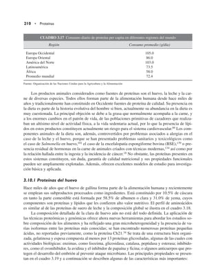 210 • Proteínas
CUADRO 3.17 Consumo diario de proteína per capita en diferentes regiones del mundo
Región Consumo promedio (g/día)
Europa Occidental 105.0
Europa Oriental 86.0
América del Norte 103.0
Latinoamérica 73.5
África 58.0
Promedio mundial 72.4
Fuente: Organización de las Naciones Unidas para la Agricultura y la Alimentación
Los productos animales considerados como fuentes de proteínas son el huevo, la leche y la car-
ne de diversas especies. Todos ellos forman parte de la alimentación humana desde hace miles de
años y tradicionalmente han constituido en Occidente fuentes de proteína de calidad. Su presencia en
la dieta es parte de la historia evolutiva del hombre si bien, actualmente su abundancia en la dieta es
muy cuestionada. La principal objeción se debe a la grasa que normalmente acompaña a la carne, y
a los enormes cambios en el patrón de vida, de las poblaciones primitivas de cazadores que realiza-
ban un altísimo nivel de actividad física, a la vida sedentaria actual, por lo que la presencia de lípi-
dos en estos productos constituyen actualmente un riesgo para el sistema cardiovascular.89 Los com-
ponentes animales de la dieta son, además, controvertidos por problemas asociados a alergias en el
caso de la leche y el huevo, porque se han presentado problemas sanitarios y toxicológicos como
el caso de Salmonella en huevo,101 el caso de la encefalopatía espongiforme bovina (BSE),139 o pre-
sencia residual de hormonas en la carne de animales criados con técnicas modernas,134 así como por
la relación hallada entre la ingesta y la incidencia de cáncer.18 No obstante, las proteínas presentes en
estos sistemas constituyen, sin duda, garantía de calidad nutricional y sus propiedades funcionales
pueden ser ampliamente explotadas. Además, ofrecen excelentes modelos de estudio para investiga-
ción básica y aplicada.
3.10.1 Proteínas del huevo
Hace miles de años que el huevo de gallina forma parte de la alimentación humana y recientemente
se emplean sus subproductos procesados como ingredientes. Está constituido por 10.5% de cáscara
en tanto la parte comestible está formada por 58.5% de albumen o clara y 31.0% de yema, cuyos
componentes son proteínas y lípidos que les confieren alto valor nutritivo. El perfil de aminoácidos
es similar al de las proteínas de suero de leche y la composición global se ilustra en el cuadro 3.18.
La composición detallada de la clara de huevo aún no está del todo definida. La aplicación de
las técnicas proteómicas y genómicas ofrece ahora nuevas herramientas para abordar los estudios so-
bre composición de los alimentos y ha reflejado una gran microheterogeneidad y la presencia de va-
rias isoformas entre las proteínas más conocidas; se han encontrado numerosas proteínas pequeñas
ácidas, no reportadas previamente, como la proteína Ch21.34 Se trata de una estructura bien organi-
zada, gelatinosa y espesa compuesta al menos por 13 proteínas glicosiladas, algunas de las cuales con
actividades biológicas: enzimas, como lisozima, glicosidasa, catalasa, peptidasa y esterasa; inhibido-
res, como el ovonihibidor, la avidina y el inhibidor de papaína y ficina; o algunos anticuerpos que pro-
tegen el desarrollo del embrión al prevenir ataque microbiano. Las principales propiedades se presen-
tan en el cuadro 3.19 y a continuación se describen algunas de las características más importantes:
 
