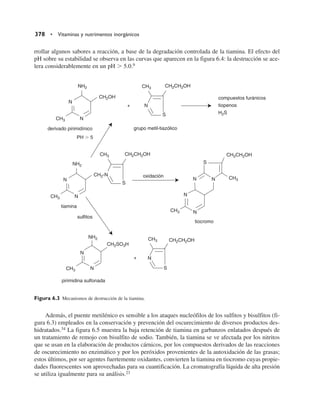 rrollar algunos sabores a reacción, a base de la degradación controlada de la tiamina. El efecto del
pH sobre su estabilidad se observa en las curvas que aparecen en la figura 6.4: la destrucción se ace-
lera considerablemente en un pH . 5.0.9
Además, el puente metilénico es sensible a los ataques nucleófilos de los sulfitos y bisulfitos (fi-
gura 6.3) empleados en la conservación y prevención del oscurecimiento de diversos productos des-
hidratados.34 La figura 6.5 muestra la baja retención de tiamina en garbanzos enlatados después de
un tratamiento de remojo con bisulfito de sodio. También, la tiamina se ve afectada por los nitritos
que se usan en la elaboración de productos cárnicos, por los compuestos derivados de las reacciones
de oscurecimiento no enzimático y por los peróxidos provenientes de la autoxidación de las grasas;
estos últimos, por ser agentes fuertemente oxidantes, convierten la tiamina en tiocromo cuyas propie-
dades fluorescentes son aprovechadas para su cuantificación. La cromatografía líquida de alta presión
se utiliza igualmente para su análisis.23
378 • Vitaminas y nutrimentos inorgánicos
NH2
N
N
CH3
CH2OH
NH2
N
N
CH3
CH2-N
CH3
S
CH2CH2OH
N
CH3
S
CH2CH2OH
+
compuestos furánicos
tiopenos
H2S
derivado pirimidínico grupo metil-tiazólico
PH . 5
oxidación
sulfitos
CH2CH2OH
S
N N
N
N
CH3
CH3
NH2
N
N
CH3
CH2SO3H
N
CH3
S
CH2CH2OH
+
tiamina
tiocromo
pirimidina sulfonada
Figura 6.3 Mecanismos de destrucción de la tiamina.
 
