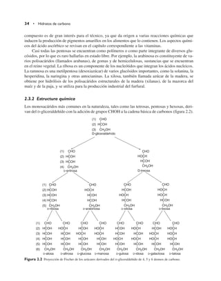 compuesto es de gran interés para el técnico, ya que da origen a varias reacciones químicas que
inducen la producción de pigmentos amarillos en los alimentos que lo contienen. Los aspectos quími-
cos del ácido ascórbico se revisan en el capítulo correspondiente a las vitaminas.
Casi todas las pentosas se encuentran como polímeros o como parte integrante de diversos glu-
cósidos, por lo que es raro hallarlas en estado libre. Por ejemplo, la arabinosa es constituyente de va-
rios polisacáridos (llamados arabanas), de gomas y de hemicelulosas, sustancias que se encuentran
en el reino vegetal. La ribosa es un componente de los nucleótidos que integran los ácidos nucleicos.
La ramnosa es una metilpentosa (desoxiazúcar) de varios glucósidos importantes, como la solanina, la
hesperidina, la naringina y otras antocianinas. La xilosa, también llamada azúcar de la madera, se
obtiene por hidrólisis de los polisacáridos estructurales de la madera (xilanas), de la mazorca del
maíz y de la paja, y se utiliza para la producción industrial del furfural.
2.3.2 Estructura química
Los monosacáridos más comunes en la naturaleza, tales como las tetrosas, pentosas y hexosas, deri-
van del D-gliceraldehído con la adición de grupos CHOH a la cadena básica de carbonos (figura 2.2).
34 • Hidratos de carbono
(1) CHO
(2) HCOH
(3) CH2OH
D-gliceraldehído
(1) CHO
(2) HCOH
(3) HCOH
(4) CH2OH
D-eritrosa
(1) CHO
(2) HCOH
(3) HCOH
(4) HCOH
(5) CH2OH
CHO
HOCH
HCOH
HCOH
CH2OH
D-arabinosa
CHO
HCOH
HOCH
HCOH
CH2OH
D-xilosa
CHO
HOCH
HOCH
HCOH
CH2OH
D-lixosa
CHO
HOCH
HCOH
CH2OH
D-treosa
(1) CHO
(2) HCOH
(3) HCOH
(4) HCOH
(5) HCOH
(6) CH2OH
D-alosa
CHO
HOCH
HCOH
HCOH
HCOH
CH2OH
D-altrosa
CHO
HCOH
HOCH
HCOH
HCOH
CH2OH
D-glucosa
CHO
HOCH
HOCH
HCOH
HCOH
CH2OH
D-manosa
CHO
HCOH
HCOH
HOCH
HCOH
CH2OH
D-gulosa
CHO
HOCH
HCOH
HOCH
HCOH
CH2OH
D-idosa
CHO
HCOH
HOCH
HOCH
HCOH
CH2OH
D-galactosa
CHO
HOCH
HOCH
HOCH
HCOH
CH2OH
D-talosa
D-ribosa
Figura 2.2 Proyección de Fischer de los azúcares derivados del D-gliceraldehído de 4, 5 y 6 átomos de carbono.
 