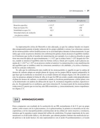CUADRO 2.3 Propiedades de la glucosa
a-D-glucosa b-D-glucosa
Rotación específica 112.2º 18.7º
Punto de fusión (ºC) 146 150
Solubilidad en agua (%) 82.5 178
Velocidad relativa de oxidación
con glucosa oxidasa 100  1.0
La representación cíclica de Haworth es más adecuada, ya que las cadenas lineales no respon-
den estequiométricamente al poder reductor de los grupos aldehído o cetona. Las soluciones acuosas
de los monosacáridos sufren modificaciones en su actividad óptica durante el almacenamiento, lo que
indica que existe un proceso dinámico de conformación química hasta alcanzar el equilibrio median-
te el fenómeno que recibe el nombre de mutarrotación; por ejemplo, la a-D-glucosa disuelta en agua
tiene una rotación óptica de aproximadamente () 112º, que se reduce hasta ()53º después de 4 ho-
ras, cuando se alcanza el equilibrio entre las formas cíclica y lineal; por su parte, la b-D-glucosa au-
menta de ()18.7º a ()53º en un proceso similar al anterior. La mutarrotación es una manifestación
del equilibrio que se establece entre las estructuras anomérica o de aldehído, y la cíclica o hemiace-
tal de los azúcares reductores.
Se sabe que la conformación más estable de los monosacáridos es aquella en que la cadena de
átomos de carbono adopta un arreglo planar de zigzag con los grupos OH de manera antiparalela, lo
que hace que la molécula se encuentre en su estado mínimo de energía (figura 2.6). De acuerdo con
esto, las piranosas adoptan la forma de silla, en la que los OH son axiales cuando están perpendiculares
al plano de átomos de carbono, o ecuatoriales cuando se localizan paralelamente a dicho plano; esto
se ha demostrado con análisis de difracción de rayos X, resonancia magnética nuclear, espectrosco-
pia, etc. Exceptuando la a-D-arabinosa, que tiene estructura lC, la mayor parte de los monosacáridos
están como Cl, puesto que en ésta hay más OH ecuatoriales y, consecuentemente, menos impedimen-
tos (figura 2.7).
AMINOAZÚCARES
Estos compuestos son resultado de la sustitución de un OH, normalmente el de C-2, por un grupo
amino, como ocurre con la D-glucosamina y la D-galactosamina; la primera se encuentra en las mu-
coproteínas y en los mucopolisacáridos constituyentes de las células de varios insectos y crustáceos,
mientras que la segunda es parte integral del sulfato de condroitina. Un grupo importante de los ami-
noazúcares es el del ácido siálico y sus derivados, que además pueden contener una molécula de áci-
do pirúvico o de ácido láctico; los más representativos son el ácido N-acetilneuramínico y el ácido
2.4 Aminoazúcares • 37
2.4
 