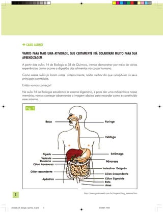 2
CARO ALUNO
VAMOS PARA MAIS UMA ATIVIDADE, QUE CERTAMENTE IRÁ COLABORAR MUITO PARA SUA
APRENDIZAGEM
A partir das aulas 14 de Biologia e 38 de Química, iremos demonstrar por meio de várias
experiências como ocorre a digestão dos alimentos no corpo humano.
Como essas aulas já foram vistas anteriormente, nada melhor do que recapitular os seus
principais conteúdos.
Então vamos começar!
Na aula 14 de Biologia estudamos o sistema digestório, e para dar uma mãozinha a nossa
memória, vamos começar observando a imagem abaixo para recordar como é constituído
esse sistema.
http://www.gastroweb.com.br/imgend/img_sistema.htm
Fig. 1
atividade_04_biologia e quimica_ok.pmd 5/3/2007, 16:032
 