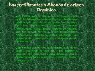Los fertilizantes o Abonos de origen
              Orgánico
   son lentos porque antes los nutrientes, por
   ejemplo, Nitrógeno, se tienen que ir liberando a
   medida que los microorganismos los Se trata
   de     los  estiércoles,   compost,      basuras
   fermentadas, turba, guano, humus de lombriz,
   etc. Su acción es lenta, pues proporcionan
   Nitrógeno a medida que las bacterias los
   descomponen para ponerlos a disposición de
   las raíces.

   Como mejor actúan los microorganismos es en
   suelos calientes es con un      pH neutro o
   alcalino, con humedad y muy aireados. Ahí la
   descomposición es más veloz. (estiércol, turba,
   compost, etc.)
 