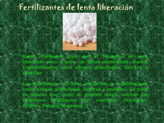 Fertilizantes de lenta liberación




 Están diseñados para que el Nitrógeno se vaya
 liberando poco a poco, de forma continuada. Suelen
 comercializarse como abonos granulados, barritas o
 pastillas.

 Los fertilizantes de lenta liberación se comercializan
 como abonos granulados, barritas y pastillas. Se trata
 de abonos que, como su nombre indica, sueltan los
 elementos fertilizantes que contienen (Nitrógeno,
 Fósforo, Potasio, Magnesio...)
 
