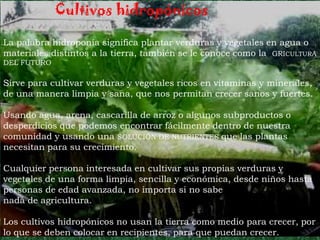 Cultivos hidropónicos

La palabra hidroponía significa plantar verduras y vegetales en agua o
materiales distintos a la tierra, también se le conoce como la GRICULTURA
DEL FUTURO

Sirve para cultivar verduras y vegetales ricos en vitaminas y minerales,
de una manera limpia y sana, que nos permitan crecer sanos y fuertes.

Usando agua, arena, cascarilla de arroz o algunos subproductos o
desperdicios que podemos encontrar fácilmente dentro de nuestra
comunidad y usando una SOLUCIÓN DE NUTRIENTES que las plantas
necesitan para su crecimiento.

Cualquier persona interesada en cultivar sus propias verduras y
vegetales de una forma limpia, sencilla y económica, desde niños hasta
personas de edad avanzada, no importa si no sabe
nada de agricultura.

Los cultivos hidropónicos no usan la tierra como medio para crecer, por
lo que se deben colocar en recipientes, para que puedan crecer.
 