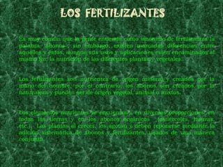 LOS FERTILIZANTES

Es muy común que la gente entienda como sinónimo de fertilizantes la
palabra "abonos"; sin embargo, existen marcadas diferencias entre
aquellos y éstos, aunque sus usos y aplicaciones estén encaminados al
mismo fin: la nutrición de las diferentes plantas y vegetales.


Los fertilizantes son nutrientes de origen mineral y creados por la
mano del hombre, por el contrario, los abonos son creados por la
naturaleza y pueden ser de origen vegetal, animal o mixtos.


Los elementos nutrientes se encuentran, en diversas proporciones, en
todas las tierras y en los abonos orgánicos (estiércoles, humus,
etc.). Las plantas al crecer, los agotan y deben reponerse mediante la
adición sistemática de abonos y fertilizantes, usados de una manera
conjunta.
 