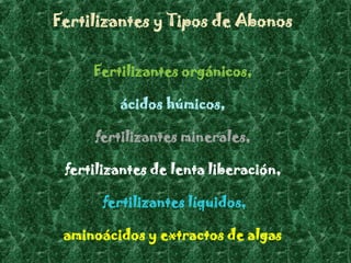 Fertilizantes y Tipos de Abonos


     Fertilizantes orgánicos,

         ácidos húmicos,

     fertilizantes minerales,

 fertilizantes de lenta liberación,

      fertilizantes líquidos,

 aminoácidos y extractos de algas
 