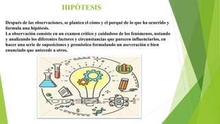 HIPÓTESIS
Después de las observaciones, se plantea el cómo y el porqué de lo que ha ocurrido y
formula una hipótesis.
La observación consiste en un examen crítico y cuidadoso de los fenómenos, notando
y analizando los diferentes factores y circunstancias que parecen influenciarlos, en
hacer una serie de suposiciones y pronóstico formulando un aseveración o bien
enunciado que antecede a otros.
 