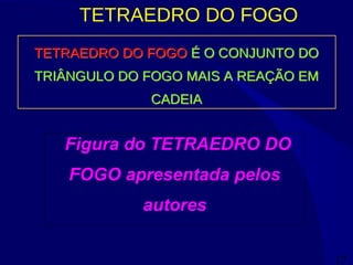 17
TETRAEDRO DO FOGO
TETRAEDRO DO FOGO É O CONJUNTO DO
TRIÂNGULO DO FOGO MAIS A REAÇÃO EM
CADEIA
TETRAEDRO DO FOGO É O CONJUNTO DO
TRIÂNGULO DO FOGO MAIS A REAÇÃO EM
CADEIA
Figura do TETRAEDRO DO
FOGO apresentada pelos
autores
 