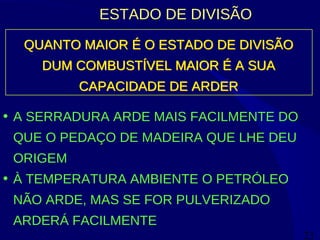 23
ESTADO DE DIVISÃO
QUANTO MAIOR É O ESTADO DE DIVISÃO
DUM COMBUSTÍVEL MAIOR É A SUA
CAPACIDADE DE ARDER
QUANTO MAIOR É O ESTADO DE DIVISÃO
DUM COMBUSTÍVEL MAIOR É A SUA
CAPACIDADE DE ARDER
• A SERRADURA ARDE MAIS FACILMENTE DO
QUE O PEDAÇO DE MADEIRA QUE LHE DEU
ORIGEM
• À TEMPERATURA AMBIENTE O PETRÓLEO
NÃO ARDE, MAS SE FOR PULVERIZADO
ARDERÁ FACILMENTE
 