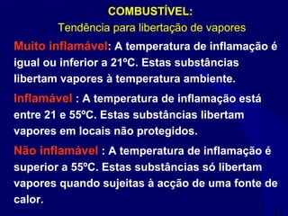 32
COMBUSTÍVEL:
Tendência para libertação de vapores
Muito inflamável: A temperatura de inflamação é
igual ou inferior a 21ºC. Estas substâncias
libertam vapores à temperatura ambiente.
Inflamável : A temperatura de inflamação está
entre 21 e 55ºC. Estas substâncias libertam
vapores em locais não protegidos.
Não inflamável : A temperatura de inflamação é
superior a 55ºC. Estas substâncias só libertam
vapores quando sujeitas à acção de uma fonte de
calor.
 