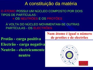 4
O ÁTOMO POSSUI UM NÚCLEO COMPOSTO POR DOIS
TIPOS DE PARTÍCULAS :
• OS NEUTRÕES E OS PROTÕES
F2
Se FSe F22 > F> F11
o electrão saio electrão sai
Protão - carga positiva
Electrão - carga negativa
Neutrão - electricamente
neutro
Num átomo é igual o número
de protões e de electrões
A constituição da matéria
À VOLTA DO NÚCLEO MOVIMENTAM-SE OUTRAS
PARTÍCULAS - OS ELECTRÕES
 