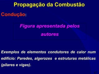 47
Condução:
Exemplos de elementos condutores de calor num
edifício: Paredes, algerozes e estruturas metálicas
(pilares e vigas).
Propagação da Combustão
Figura apresentada pelos
autores
 