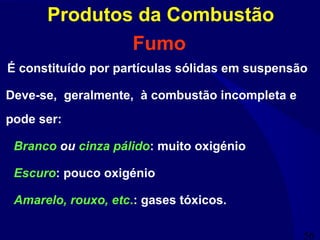 56
Fumo
É constituído por partículas sólidas em suspensão
Deve-se, geralmente, à combustão incompleta e
pode ser:
Branco ou cinza pálido: muito oxigénio
Escuro: pouco oxigénio
Amarelo, rouxo, etc.: gases tóxicos.
Produtos da Combustão
 
