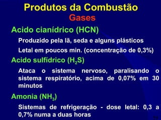 59
Gases
Acido cianídrico (HCN)
Produzido pela lã, seda e alguns plásticos
Letal em poucos min. (concentração de 0,3%)
Acido sulfídrico (H2S)
Ataca o sistema nervoso, paralisando o
sistema respiratório, acima de 0,07% em 30
minutos
Amonia (NH3)
Sistemas de refrigeração - dose letal: 0,3 a
0,7% numa a duas horas
Produtos da Combustão
 