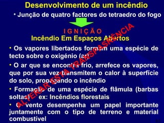 61
Desenvolvimento de um incêndio
• Junção de quatro factores do tetraedro do fogo
I G N I Ç Ã O
Incêndio Em Espaços Abertos
• Os vapores libertados formam uma espécie de
tecto sobre o oxigénio (ar)
• O ar que se encontra frio, arrefece os vapores,
que por sua vez transmitem o calor à superfície
do solo, propagando o incêndio
• Formação de uma espécie de flâmula (barbas
soltas) ex: Incêndios florestais
• O vento desempenha um papel importante
juntamente com o tipo de terreno e material
combustível
ALTERAR
ESTA
TRANSPASRÊNCIA
 