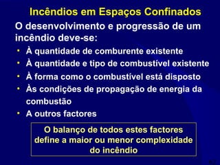 62
Incêndios em Espaços Confinados
O desenvolvimento e progressão de um
incêndio deve-se:
• À quantidade de comburente existente
• À quantidade e tipo de combustível existente
• À forma como o combustível está disposto
• Às condições de propagação de energia da
combustão
• A outros factores
O balanço de todos estes factores
define a maior ou menor complexidade
do incêndio
 