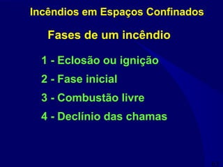 63
Incêndios em Espaços Confinados
Fases de um incêndio
1 - Eclosão ou ignição
2 - Fase inicial
3 - Combustão livre
4 - Declínio das chamas
 