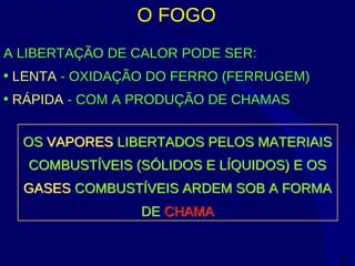 8
O FOGO
A LIBERTAÇÃO DE CALOR PODE SER:
• LENTA - OXIDAÇÃO DO FERRO (FERRUGEM)
• RÁPIDA - COM A PRODUÇÃO DE CHAMAS
OS VAPORES LIBERTADOS PELOS MATERIAIS
COMBUSTÍVEIS (SÓLIDOS E LÍQUIDOS) E OS
GASES COMBUSTÍVEIS ARDEM SOB A FORMA
DE CHAMA
OS VAPORES LIBERTADOS PELOS MATERIAIS
COMBUSTÍVEIS (SÓLIDOS E LÍQUIDOS) E OS
GASES COMBUSTÍVEIS ARDEM SOB A FORMA
DE CHAMA
 