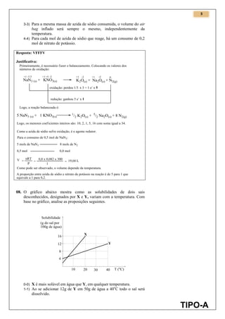 5
TIPO-A
3-3) Para a mesma massa de azida de sódio consumida, o volume do air
bag inflado será sempre o mesmo, independentemente da
temperatura.
4-4) Para cada mol de azida de sódio que reage, há um consumo de 0,2
mol de nitrato de potássio.
Resposta: VFFFV
Justificativa:
08. O gráfico abaixo mostra como as solubilidades de dois sais
desconhecidos, designados por X e Y, variam com a temperatura. Com
base no gráfico, analise as proposições seguintes.
0-0) X é mais solúvel em água que Y, em qualquer temperatura.
1-1) Ao se adicionar 12g de Y em 50g de água a 40o
C todo o sal será
dissolvido.
 