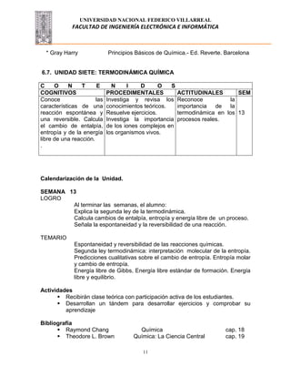UNIVERSIDAD NACIONAL FEDERICO VILLARREAL
FACULTAD DE INGENIERÍA ELECTRÓNICA E INFORMÁTICA
11
* Gray Harry Principios Básicos de Química.- Ed. Reverte. Barcelona
6.7. UNIDAD SIETE: TERMODINÁMICA QUÍMICA
C O N T E N I D O S
COGNITIVOS PROCEDIMENTALES ACTITUDINALES SEM
Conoce las
características de una
reacción espontánea y
una reversible. Calcula
el cambio de entalpía,
entropía y de la energía
libre de una reacción.
.
Investiga y revisa los
conocimientos teóricos.
Resuelve ejercicios.
Investiga la importancia
de los iones complejos en
los organismos vivos.
Reconoce la
importancia de la
termodinámica en los
procesos reales.
13
Calendarización de la Unidad.
SEMANA 13
LOGRO
Al terminar las semanas, el alumno:
Explica la segunda ley de la termodinámica.
Calcula cambios de entalpía, entropía y energía libre de un proceso.
Señala la espontaneidad y la reversibilidad de una reacción.
TEMARIO
Espontaneidad y reversibilidad de las reacciones químicas.
Segunda ley termodinámica: interpretación molecular de la entropía.
Predicciones cualitativas sobre el cambio de entropía. Entropía molar
y cambio de entropía.
Energía libre de Gibbs, Energía libre estándar de formación. Energía
libre y equilibrio.
Actividades
 Recibirán clase teórica con participación activa de los estudiantes.
 Desarrollan un tándem para desarrollar ejercicios y comprobar su
aprendizaje
Bibliografía
 Raymond Chang Química cap. 18
 Theodore L. Brown Química: La Ciencia Central cap. 19
 
