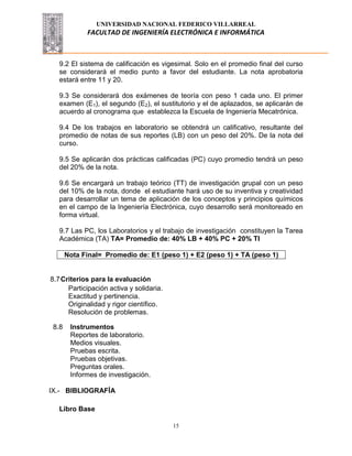 UNIVERSIDAD NACIONAL FEDERICO VILLARREAL
FACULTAD DE INGENIERÍA ELECTRÓNICA E INFORMÁTICA
15
9.2 El sistema de calificación es vigesimal. Solo en el promedio final del curso
se considerará el medio punto a favor del estudiante. La nota aprobatoria
estará entre 11 y 20.
9.3 Se considerará dos exámenes de teoría con peso 1 cada uno. El primer
examen (E1), el segundo (E2), el sustitutorio y el de aplazados, se aplicarán de
acuerdo al cronograma que establezca la Escuela de Ingeniería Mecatrónica.
9.4 De los trabajos en laboratorio se obtendrá un calificativo, resultante del
promedio de notas de sus reportes (LB) con un peso del 20%. De la nota del
curso.
9.5 Se aplicarán dos prácticas calificadas (PC) cuyo promedio tendrá un peso
del 20% de la nota.
9.6 Se encargará un trabajo teórico (TT) de investigación grupal con un peso
del 10% de la nota, donde el estudiante hará uso de su inventiva y creatividad
para desarrollar un tema de aplicación de los conceptos y principios químicos
en el campo de la Ingeniería Electrónica, cuyo desarrollo será monitoreado en
forma virtual.
9.7 Las PC, los Laboratorios y el trabajo de investigación constituyen la Tarea
Académica (TA) TA= Promedio de: 40% LB + 40% PC + 20% TI
Nota Final= Promedio de: E1 (peso 1) + E2 (peso 1) + TA (peso 1)
8.7Criterios para la evaluación
Participación activa y solidaria.
Exactitud y pertinencia.
Originalidad y rigor científico.
Resolución de problemas.
8.8 Instrumentos
Reportes de laboratorio.
Medios visuales.
Pruebas escrita.
Pruebas objetivas.
Preguntas orales.
Informes de investigación.
IX.- BIBLIOGRAFÍA
Libro Base
 