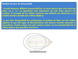 Modelo Atómico De Sommerfeld
Arnold Johannes Wilhelm Sommerfeld fue un físico alemán que vivió entre los
años 1868 y 1951. La aportación más importante de este físico alemán fue
cambiar el concepto de las órbitas circulares que definían los electrones en el
modelo atómico de Bohr por órbitas elípticas
.
Lo que hizo Sommerfeld fue perfeccionar el modelo de Bohr con las órbitas
elípticas lo que dio lugar al descubrimiento del numero cuántico Azimutal (o
secundario). Cuanto mayor era este número mayor era la excentricidad de la
órbita elíptica que describía el electrón.
 