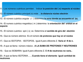 11.- Los números cuánticos permiten. Indicar la posición del ( e) respecto al núcleo
12.- El número cuántico principal (n) mide …la distancia núcleo electrón
13.- El número cuántico angular ( l ) determina la zona donde se encuentra el (e).
14.- El numero cuántico magnético ( m ) determina la orientación del orbital en el
espacio
15.- El número cuántico spin ( s) es Determina el sentido de giro del electrón
16.- Que es número atómico Es el número de protones que hay en el núcleo
17.- Que es ISOTOPIA : ISOTOPOS.. Igual A pero diferente Z. Varia el ·# de n.
18.- A que se llama número másico . A LA SUMA DE PROTONES Y NEUTRONES
19.- Que es ISOBARIA: Igual A pero diferente Z. El # de neutrones no varia..
20.- A que se llama ISOTONIA……Cuando tiene el elemento igual cantidad de
neutrones
 