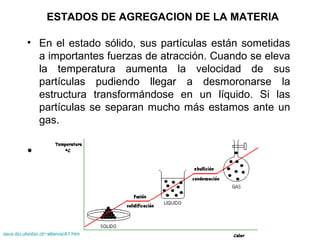 ESTADOS DE AGREGACION DE LA MATERIA
• En el estado sólido, sus partículas están sometidas
a importantes fuerzas de atracción. Cuando se eleva
la temperatura aumenta la velocidad de sus
partículas pudiendo llegar a desmoronarse la
estructura transformándose en un líquido. Si las
partículas se separan mucho más estamos ante un
gas.
•
zeus.dci.ubiobio.cl/~allanos/A1.htm
 