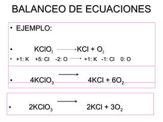 BALANCEO DE ECUACIONESBALANCEO DE ECUACIONES
• EJEMPLO:EJEMPLO:
• KClOKClO33 KCl + OKCl + O22
• +1: K +5: Cl -2: O +1: K -1: Cl 0: O+1: K +5: Cl -2: O +1: K -1: Cl 0: O
• 4KClO4KClO33 4KCl + 6O4KCl + 6O22
• 2KClO2KClO33 2KCl + 3O2KCl + 3O22
 