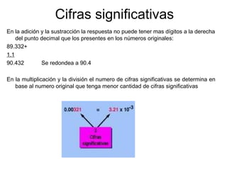 Cifras significativas
En la adición y la sustracción la respuesta no puede tener mas dígitos a la derecha
del punto decimal que los presentes en los números originales:
89.332+
1.1
90.432 Se redondea a 90.4
En la multiplicación y la división el numero de cifras significativas se determina en
base al numero original que tenga menor cantidad de cifras significativas
 