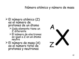 Número atómico y número de masa
 El número atómico (Z)
es el número de
protones de un átomo
Cada elemento tiene un
Z diferente
El número de electrones
es igual a Z en un átomo
neutro
 El número de masa (A)
es el número total de
protones y neutrones
42
X
A
Z
 