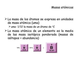 Masas atómicas
 La masa de los átomos se expresa en unidades
de masa atómica (uma)
uma- 1/12 la masa de un átomo de 12
C
 La masa atómica de un elemento es la media
de las masa isotópica ponderada (masas de
isótopos + abundancia)
 
