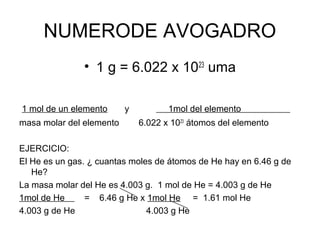 NUMERODE AVOGADRO
• 1 g = 6.022 x 1023
uma
1 mol de un elemento y 1mol del elemento
masa molar del elemento 6.022 x 1023
átomos del elemento
EJERCICIO:
El He es un gas. ¿ cuantas moles de átomos de He hay en 6.46 g de
He?
La masa molar del He es 4.003 g. 1 mol de He = 4.003 g de He
1mol de He = 6.46 g He x 1mol He = 1.61 mol He
4.003 g de He 4.003 g He
 