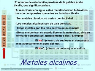 •El nombre de esta familia proviene de la palabra árabe
álcalis, que significa cenizas.
•Al reaccionar con agua, estos metales forman hidróxidos,
que son compuestos que antes se llamaban álcalis.
•Son metales blandos, se cortan con facilidad.
•Los metales alcalinos son de baja densidad
• Estos metales son los más activos químicamente
•No se encuentran en estado libre en la naturaleza, sino en
forma de compuestos, generalmente sales . Ejemplos:
El NaCl (cloruro de sodio) es el compuesto
mas abundante en el agua del mar.
El KNO3 (nitrato de potasio) es el salitre.
Metales alcalinos
 
