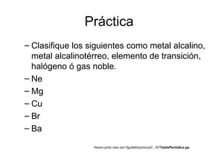 Práctica
– Clasifique los siguientes como metal alcalino,
metal alcalinotérreo, elemento de transición,
halógeno ó gas noble.
– Ne
– Mg
– Cu
– Br
– Ba
fresno.pntic.mec.es/~fgutie6/quimica2/.../07TablaPeriódica.pp
 