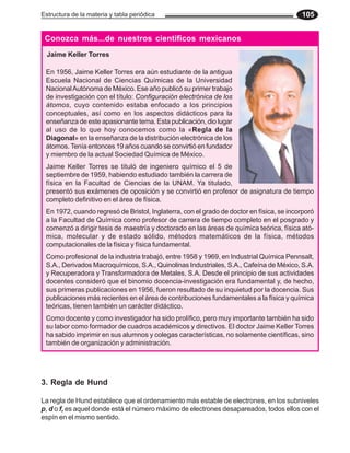 Estructura de la materia y tabla periódica 105
3. Regla de Hund
La regla de Hund establece que el ordenamiento más estable de electrones, en los subniveles
p, d o f, es aquel donde está el número máximo de electrones desapareados, todos ellos con el
espín en el mismo sentido.
Conozca más...de nuestros científicos mexicanos
En 1956, Jaime Keller Torres era aún estudiante de la antigua
Escuela Nacional de Ciencias Químicas de la Universidad
NacionalAutónoma de México. Ese año publicó su primer trabajo
de investigación con el título: Configuración electrónica de los
átomos, cuyo contenido estaba enfocado a los principios
conceptuales, así como en los aspectos didácticos para la
enseñanza de este apasionante tema. Esta publicación, dio lugar
al uso de lo que hoy conocemos como la «Regla de la
Diagonal» en la enseñanza de la distribución electrónica de los
átomos. Tenía entonces 19 años cuando se convirtió en fundador
y miembro de la actual Sociedad Química de México.
Jaime Keller Torres
En 1972, cuando regresó de Bristol, Inglaterra, con el grado de doctor en física, se incorporó
a la Facultad de Química como profesor de carrera de tiempo completo en el posgrado y
comenzó a dirigir tesis de maestría y doctorado en las áreas de química teórica, física ató-
mica, molecular y de estado sólido, métodos matemáticos de la física, métodos
computacionales de la física y física fundamental.
Como profesional de la industria trabajó, entre 1958 y 1969, en Industrial Química Pennsalt,
S.A., Derivados Macroquímicos, S.A., Quinolinas Industriales, S.A., Cafeína de México, S.A.
y Recuperadora y Transformadora de Metales, S.A. Desde el principio de sus actividades
docentes consideró que el binomio docencia-investigación era fundamental y, de hecho,
sus primeras publicaciones en 1956, fueron resultado de su inquietud por la docencia. Sus
publicaciones más recientes en el área de contribuciones fundamentales a la física y química
teóricas, tienen también un carácter didáctico.
Como docente y como investigador ha sido prolífico, pero muy importante también ha sido
su labor como formador de cuadros académicos y directivos. El doctor Jaime Keller Torres
ha sabido imprimir en sus alumnos y colegas características, no solamente científicas, sino
también de organización y administración.
Jaime Keller Torres se tituló de ingeniero químico el 5 de
septiembre de 1959, habiendo estudiado también la carrera de
física en la Facultad de Ciencias de la UNAM. Ya titulado,
presentó sus exámenes de oposición y se convirtió en profesor de asignatura de tiempo
completo definitivo en el área de física.
 