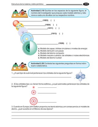 Estructura de la materia y tabla periódica 111
______________________ (1803) ( )
___________________(1911) ( )
____________________(1904) ( )
__________________(1913) ( )
____________________ (1926) ( )
Actividad 2.19 Escriba en los espacios de la siguiente figura, el
nombre del investigador que propuso cada modelo atómico y rela-
ciona a cada uno de ellos con su respectivo nombre.
a. Modelo de capas; órbitas circulares o niveles de energía
b. Modelo del budín con pasas
c. Modelo del átomo compacto
d. Modelo mecano cuántico; de orbitales o nubes electrónicas
e. Modelo del átomo nuclear
Actividad 2.20 Contesta las siguientes preguntas en forma indivi-
dual o colaborativa.
1. ¿A qué tipo de subnivel pertenecen los orbitales de la siguiente figura?
2. Si los orbitales tipo «s» tienen forma esférica, ¿a qué subniveles pertenecen los orbitales de
la siguiente figura?
3. Cuando en Europa John Dalton proponía una teoría atomica y en consecuencia un modelo de
átomo, ¿qué sucedía en el México de esa época?
 