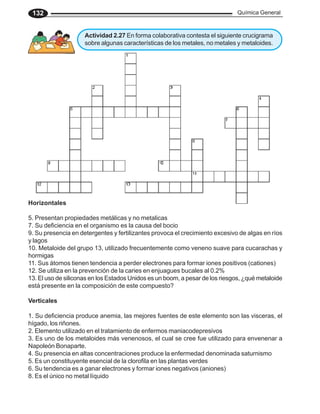 Química General
132
Actividad 2.27 En forma colaborativa contesta el siguiente crucigrama
sobre algunas características de los metales, no metales y metaloides.
Horizontales
5. Presentan propiedades metálicas y no metalicas
7. Su deficiencia en el organismo es la causa del bocio
9. Su presencia en detergentes y fertilizantes provoca el crecimiento excesivo de algas en ríos
y lagos
10. Metaloide del grupo 13, utilizado frecuentemente como veneno suave para cucarachas y
hormigas
11. Sus átomos tienen tendencia a perder electrones para formar iones positivos (cationes)
12. Se utiliza en la prevención de la caries en enjuagues bucales al 0.2%
13. El uso de siliconas en los Estados Unidos es un boom, a pesar de los riesgos, ¿qué metaloide
está presente en la composición de este compuesto?
Verticales
1. Su deficiencia produce anemia, las mejores fuentes de este elemento son las visceras, el
hígado, los riñones.
2. Elemento utilizado en el tratamiento de enfermos maniacodepresivos
3. Es uno de los metaloides más venenosos, el cual se cree fue utilizado para envenenar a
Napoleón Bonaparte.
4. Su presencia en altas concentraciones produce la enfermedad denominada saturnismo
5. Es un constituyente esencial de la clorofila en las plantas verdes
6. Su tendencia es a ganar electrones y formar iones negativos (aniones)
8. Es el único no metal líquido
 