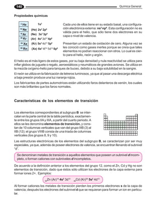 Química General
140
Propiedades químicas
10
Ne
18
Ar
36
Kr
54
Xe
86
Rn
(He) 2s2
2p6
(Ne) 3s2
3p6
(Ar) 4s2
3d10
4p6
(Kr) 5s2
4d10
5p6
(Xe) 6s2
4f14
5d10
6p6
2
He 1s2
Cada uno de ellos tiene en su estado basal, una configura-
ción electrónica externa: ns2
np6
. Esta configuración no es
válida para el helio, que sólo tiene dos electrones en su
capa o nivel de valencia.
Presentan un estado de oxidación de cero. Alguna vez se
les conoció como gases inertes porque se creía que tales
elementos no podían reaccionar con otros. Lo cual es cier-
to para el helio, neón y argón.
El helio es el más ligero de estos gases, por su baja densidad y nula reactividad se utiliza para
inflar globos de juguete o regalo, aeroestáticos y neumáticos de grandes aviones. Se utiliza en
la mezcla oxígeno-helio para tanques de buceo, debido a su baja solubilidad en la sangre.
El neón se utiliza en la fabricación de letreros luminosos, ya que al pasar una descarga eléctrica
a baja presión produce una luz naranja rojiza.
Los fabricantes de partes automotrices están utilizando faros delanteros de xenón, los cuales
son más brillantes que los faros normales.
Características de los elementos de transición
Los elementos correspondientes al subgrupo B se inter-
calan en la parte central de la tabla periódica, exactamen-
te entre los grupos IIAy IIIA, a partir del cuarto periodo.A
ellos se les denomina elementos de transición, y cons-
tan de 10 columnas verticales que van del grupo IIIB (3) al
IIB (12); el grupo VIIIB consta de una triada de columnas
verticales (los grupos 8, 9 y 10).
Las estructuras electrónicas de los elementos del subgrupo B, se caracterizan por ser muy
especiales, ya que, además de poseer electrones de valencia, se encuentran llenando el subnivel
“d”.
Al formar cationes los metales de transición pierden los primeros electrones s de la capa de
valencia; después los electrones del subnivel d que se requieran para formar un ion en particu-
lar.
De acuerdo a la definición anterior a los elementos del grupo 12, como el Zn, Cd y Hg no son
elementos de transición, dado que éstos sólo utilizan los electrones de la capa externa para
formar iones 2+. Ejemplos:
Se denominan metales de transición a aquellos elementos que poseen un subnivel d incom-
pleto, o forman cationes con subniveles d incompletos.
30
Zn (Ar)18
4s2
3d10
48
Cd (Kr)36
5s2
4d10
 